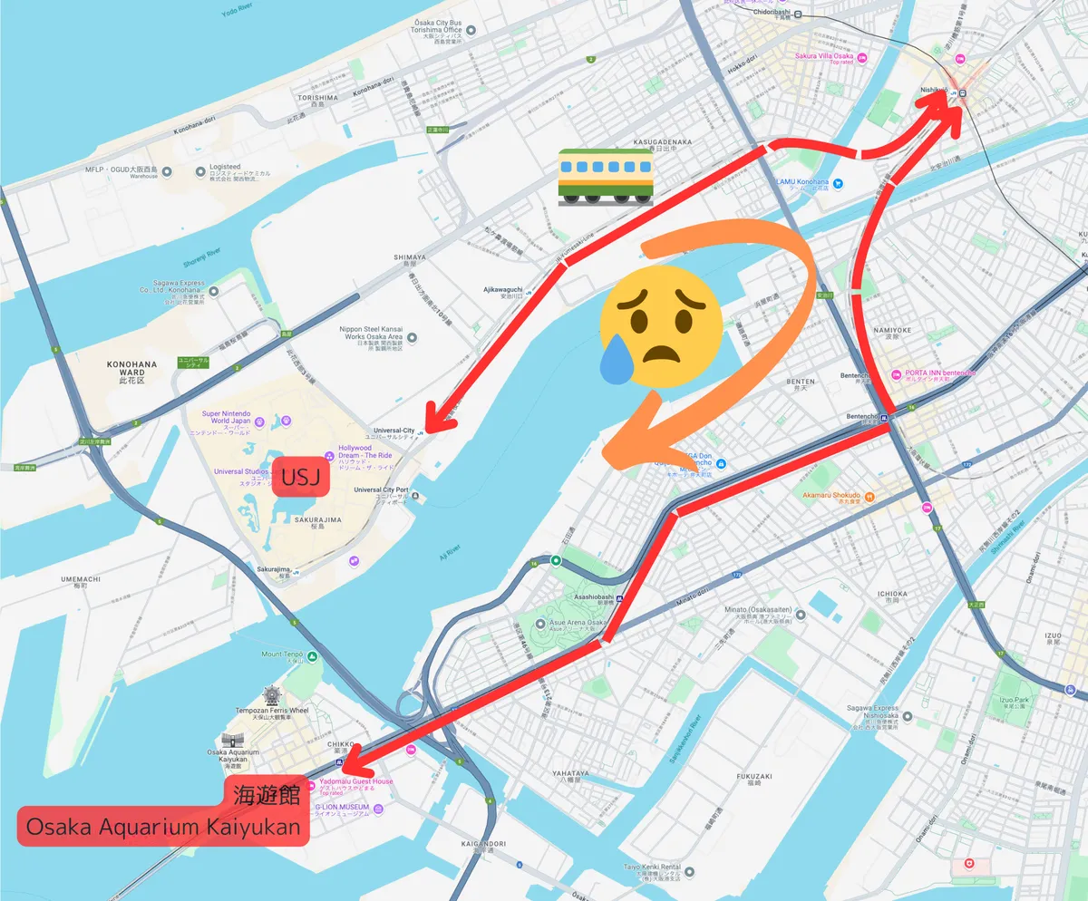 USJ和海游馆的电车移动路线图