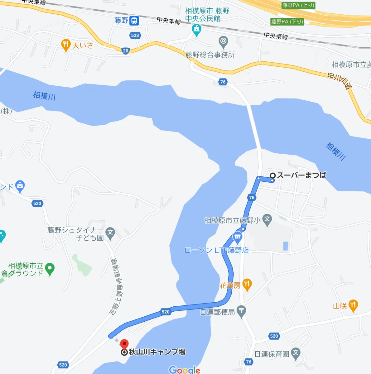从松叶到秋山川露营地的地图和路线